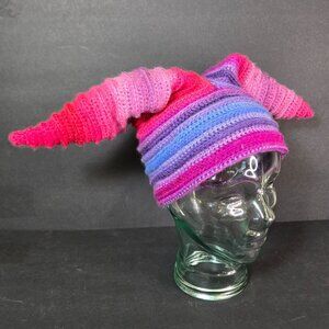 Handmade FaeFoolery Wool Crochet Cosplay Hat Cap Pink Purple Rainbow Stripes NEW